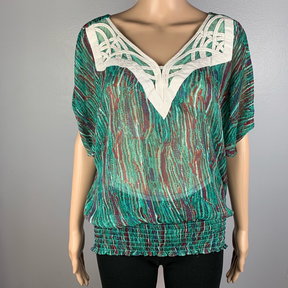 XOXO Medium Green Elastic Waist Sheer Blouse Top